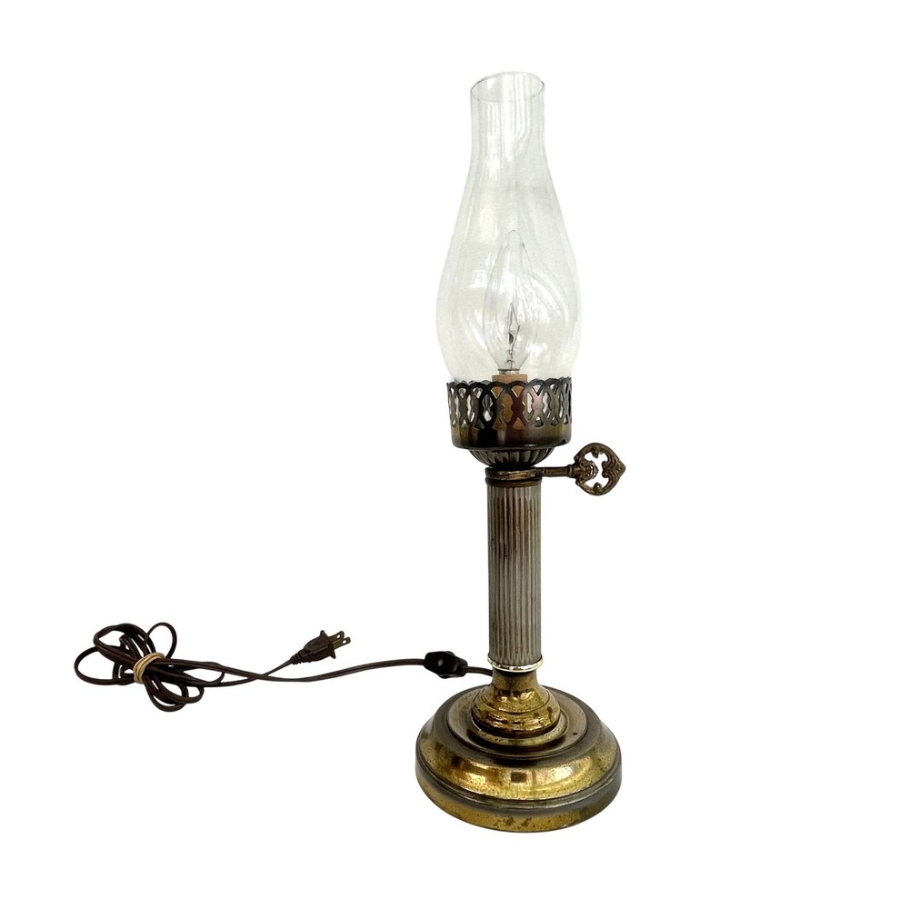 Vintage Electric Hurricane Table Lamp Brass Glass Chimney Rustic Accent Light